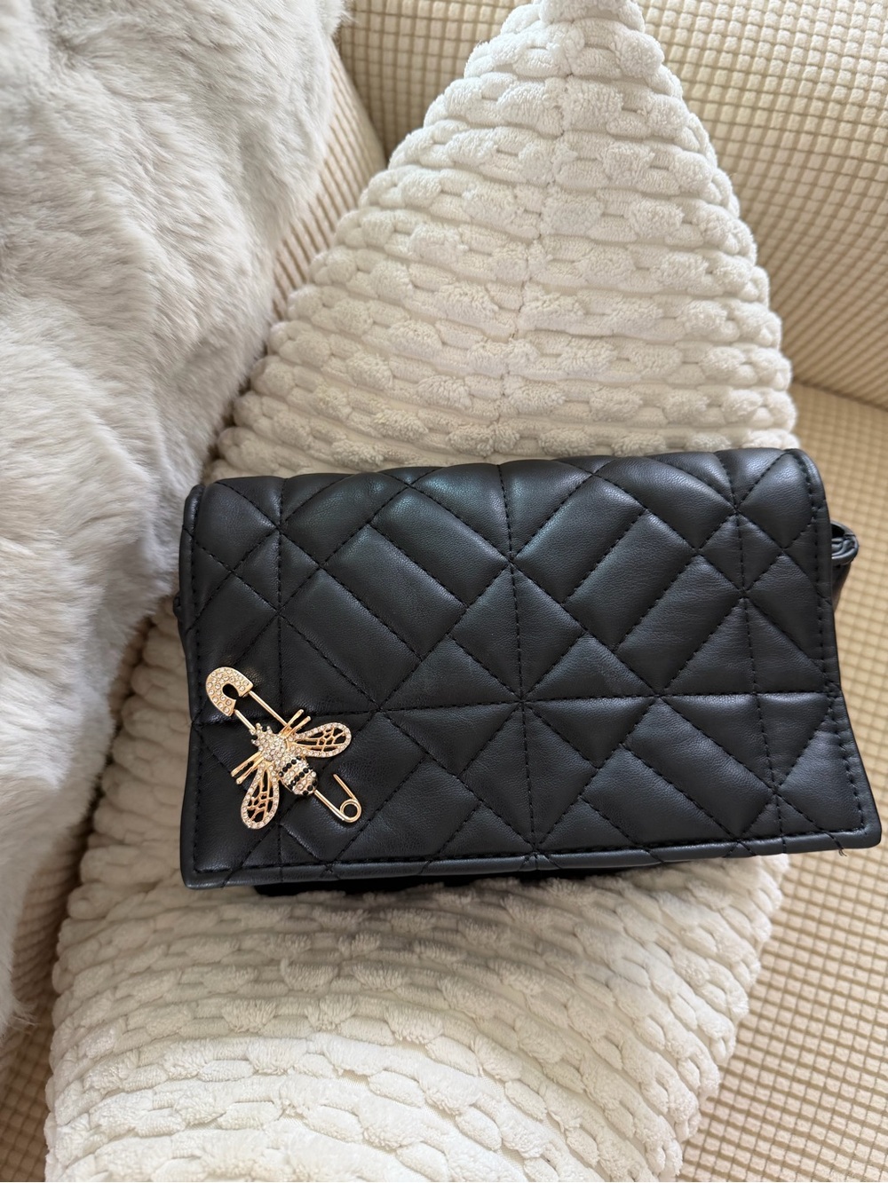 Quilted Black Crossbody Bag with Gold Bee Pin